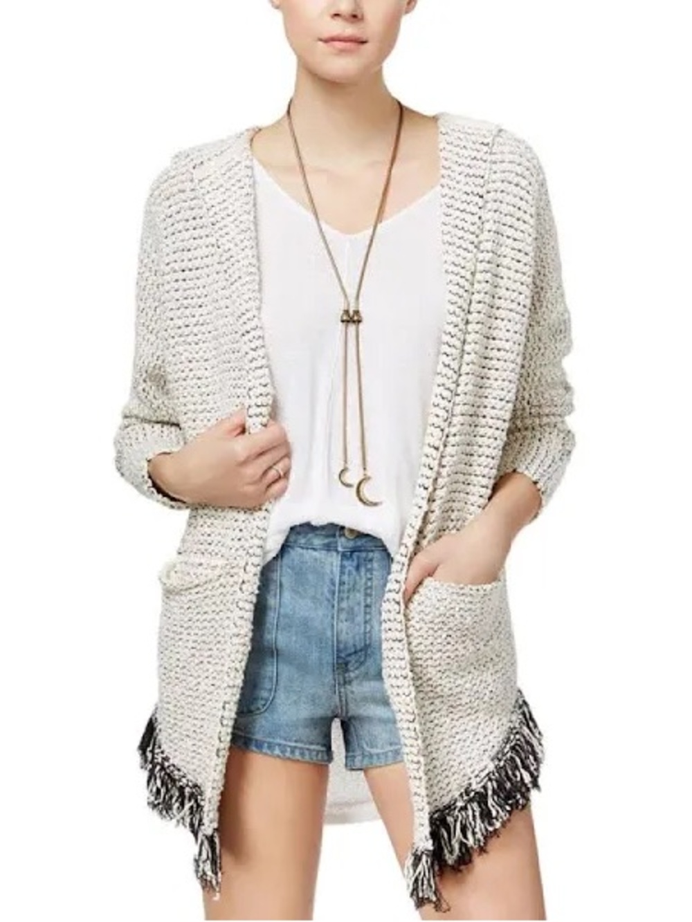 Free People Sweater Cardigan Love Me Tender Size S, Cream/Black Tassels/Fringe
